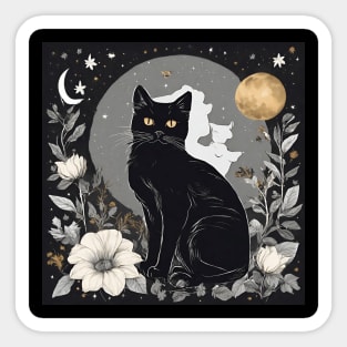 Mystical Black Cat and Moon Floral Sticker